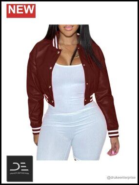 Faux Leather Cropped Varsity Bomber Jacket Snap Button